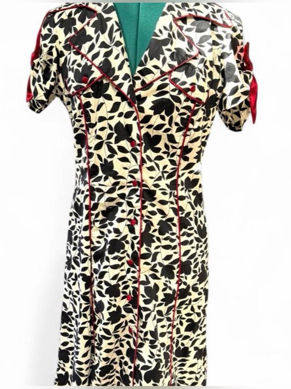 Snap Black Leaf-Print Cream Dress with Red Trim